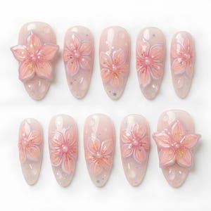 3D Sakura Cherry Blossom Kawaii Dew Drops Spring Press On Nails | Ethereal Pink Floral Japanese Inspired Art