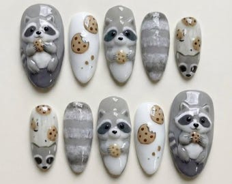 Kawaii 3D Raccoon Press On Nails | Hand-Painted Trash Panda & Cookie Nail Design
