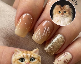 3D Cat Portrait Press On Nails | Custom Pet Name, Hand-Painted Gel