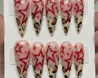 Rockstar Energy 3D Press On Nails | Y2K Red Star & Leopard Print Art