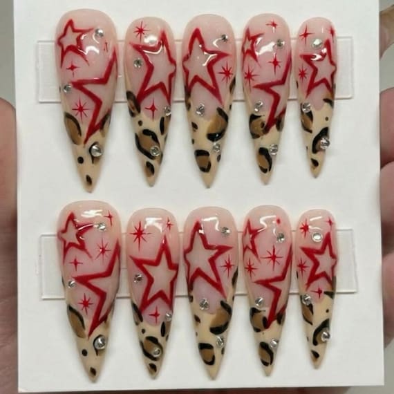 Rockstar Energy 3D Press On Nails | Y2K Red Star & Leopard Print Art