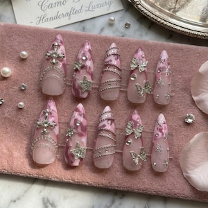 Cyber Princess Pink Camouflage Press On Nails | Y2K MCBling Gothic Cross & Butterfly Charms