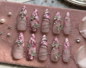 Cyber Princess Pink Camouflage Press On Nails | Y2K MCBling Gothic Cross & Butterfly Charms