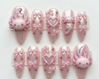 3D Axolotl Press On Nails, Pink Chrome Coquette Balletcore Bows, Custom Fake Nails Set