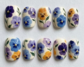 Super Short Pansy Patch Press On Nails | 3D Hand Painted Pansy Floral Nail Art