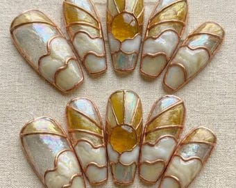 Golden Hour Stained Glass Press-On Nails | 3D Luxury Sunrise & Marbled Cloud Nail Art