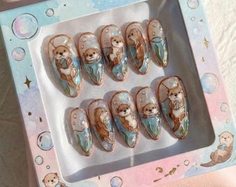 Sea Otter Press On Nails, Stained Glass Ocean Art, Iridescent Pearl, Hand-Painted