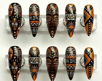 Afrocentric Luxury BHM Celebration Press On Nails | Hand-Painted African Mask Tribal Art