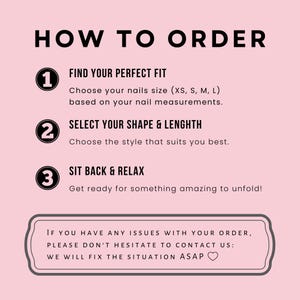 K&ouml;nnte beinhalten: Rosa Grafik mit dem Text &bdquo;HOW TO ORDER&ldquo; und nummerierten Schritten. Anweisungen umfassen das Finden der perfekten Passform, die Auswahl von Form und L&auml;nge und das Entspannen. Eine Nachricht am unteren Rand befasst sich mit Bestellproblemen.