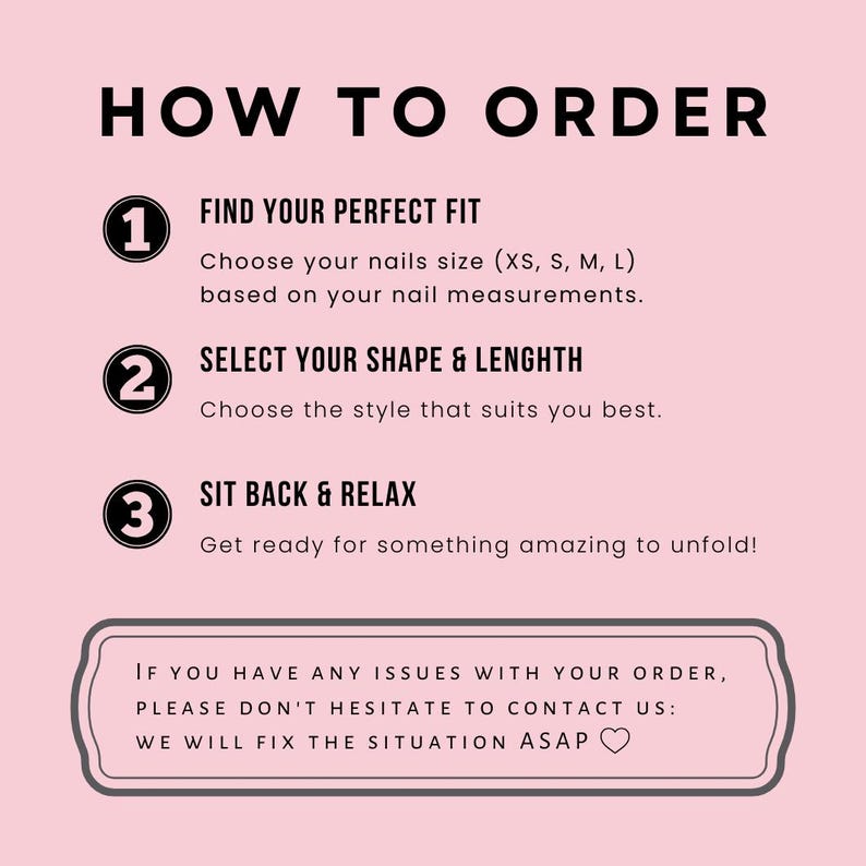 K&ouml;nnte beinhalten: Rosa Grafik mit dem Text &bdquo;HOW TO ORDER&ldquo; und nummerierten Schritten. Anweisungen umfassen das Finden der perfekten Passform, die Auswahl von Form und L&auml;nge und das Entspannen. Eine Nachricht am unteren Rand befasst sich mit Bestellproblemen.