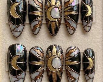 Celestial Stained Glass Luxury 3D Press-On Nails | Black Gold Sun & Moon Mystic Nail Art