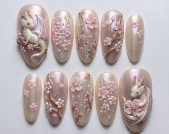 Handmade 3D Baby Dragon & Sakura Press On Nails, Kawaii Cherry Blossom Fantasy, Luxury Iridescent Pearl Reusable Full Set