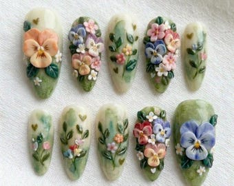 3D Pansy Press On Nails, Sculpted Wildflower Botanical Art, Sage Green Garden Nails