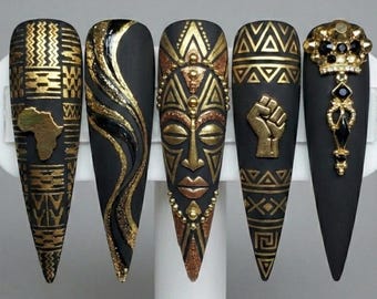 3D Gold Tribal Mask Black History Month Press On Nails | Luxury Solidarity Afrocentric Art