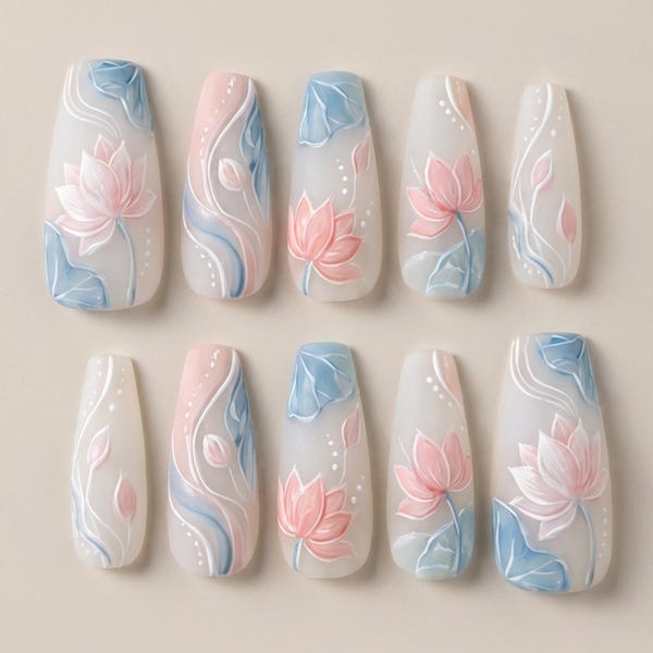 Zen Blossom Lotus Press-On Nails | Luxury Matte Floral Bridal Art