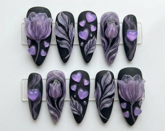 3D Purple Tulip Press On Nails, Matte Black Gothic Art, Sculpted Flower Hearts