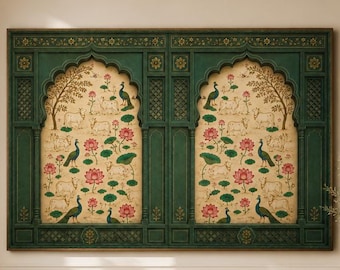 Tableau Pichwai, arche indienne, vache, paon, lotus, impression sur toile, œuvre d'art traditionnelle, décoration intérieure indienne, peinture du Rajasthan, prêt à accrocher