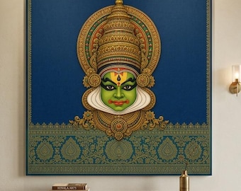 Toile décorative Kathakali | Impression textile | Danse traditionnelle du Kerala | Décoration intérieure du sud de l'Inde | Cadeau pour les fêtes indiennes, prête à accrocher