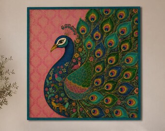 Tableau Paon | Impression sur toile style art populaire indien | Décoration traditionnelle Gond | Cadeau de pendaison de crémaillère original | Prêt à accrocher