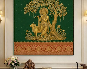 Tableau mural sur toile représentant Krishna sous le Kalpvriksha | Décoration de salle de prière style textile indien | Cadeau traditionnel hindou pour une pendaison de crémaillère | Prêt à accrocher