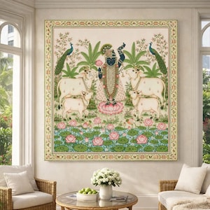 Pichwai Shrinathji Wall Art - Krishna with Cows and Lotus Stretched Canvas Print, Traditional Indian Painting Framed Home Decor