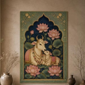 May include: A rectangular wall art print featuring a central illustration of a white cow and calf adorned with gold jewelry and pink blankets, set against a dark blue background with pink lotus flowers and green leaves, framed in a decorative arch.
