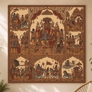 Ramayana Wall Art | Traditional Ram Darbar Painting | Kalamkari Style Canvas Print |Hindu Deity Decor | Sacred Epic Storytelling Artwork