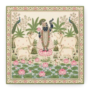 Tableau mural Pichwai Shrinathji | Krishna avec des vaches et des lotus | Impression sur toile tendue | Peinture traditionnelle indienne | Décoration intérieure, prêt à accrocher image 5