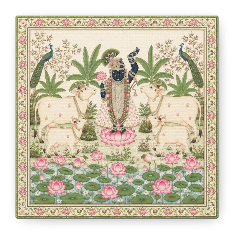 Tableau mural Pichwai Shrinathji | Krishna avec des vaches et des lotus | Impression sur toile tendue | Peinture traditionnelle indienne | Décoration intérieure, prêt à accrocher image 5