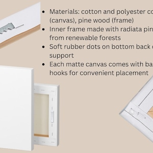 Peut inclure: Une toile mate blanche avec un cadre en bois de pin. Le produit pr&eacute;sente une surface en composite coton et polyester, un cadre int&eacute;rieur en pin radiata, des points en caoutchouc souple aux coins arri&egrave;re et un crochet de suspension en m&eacute;tal.