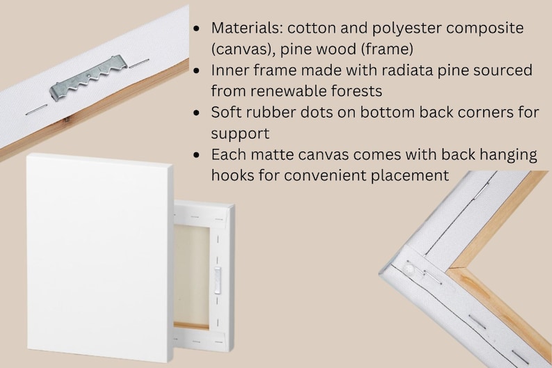 Peut inclure: Une toile mate blanche avec un cadre en bois de pin. Le produit pr&eacute;sente une surface en composite coton et polyester, un cadre int&eacute;rieur en pin radiata, des points en caoutchouc souple aux coins arri&egrave;re et un crochet de suspension en m&eacute;tal.
