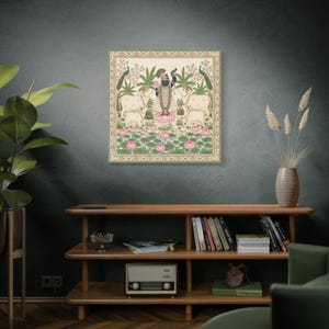 Tableau mural Pichwai Shrinathji | Krishna avec des vaches et des lotus | Impression sur toile tendue | Peinture traditionnelle indienne | Décoration intérieure, prêt à accrocher image 9