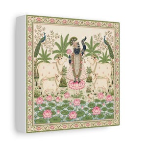 Tableau mural Pichwai Shrinathji | Krishna avec des vaches et des lotus | Impression sur toile tendue | Peinture traditionnelle indienne | Décoration intérieure, prêt à accrocher image 6