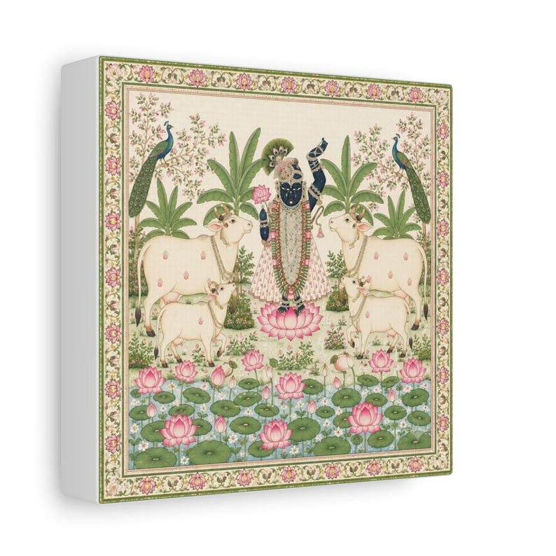 Tableau mural Pichwai Shrinathji | Krishna avec des vaches et des lotus | Impression sur toile tendue | Peinture traditionnelle indienne | Décoration intérieure, prêt à accrocher image 6