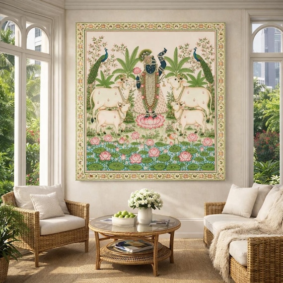 Pichwai Shrinathji Wall Art | Krishna with Cows and Lotus | Stretched Canvas Print | Traditional Indian Painting | Home Decor