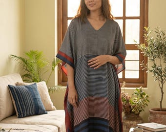 Handblock Printed Modal Silk Kaftan | Indigo Striped Ajrakh Dress | Ajrakh Womens Kaftan