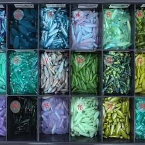 Könnte beinhalten: Eine Aufbewahrungsbox mit 18 Fächern, die jeweils eine andere Farbe von Glasperlen enthalten. Die Perlen sind in Form von langen, schmalen Blättern. Die Farben umfassen Blau, Grün, Lila und Weiß.