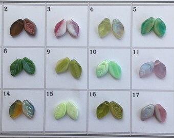 18 COLORS ASSORTMENT- Czech Glass leaves pressed 12X7mm in various green colors top drilled beads