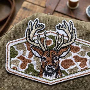 Retro Embroidered Deer Head Patch with Cyan Antler Accents, Western Stag Patch for Jacket, Backpack, and Hat