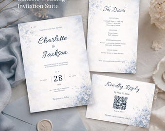 Dusty Blue Floral Wedding Invitation Suite | Editable Canva Template, QR Code RSVP (Digital Download)