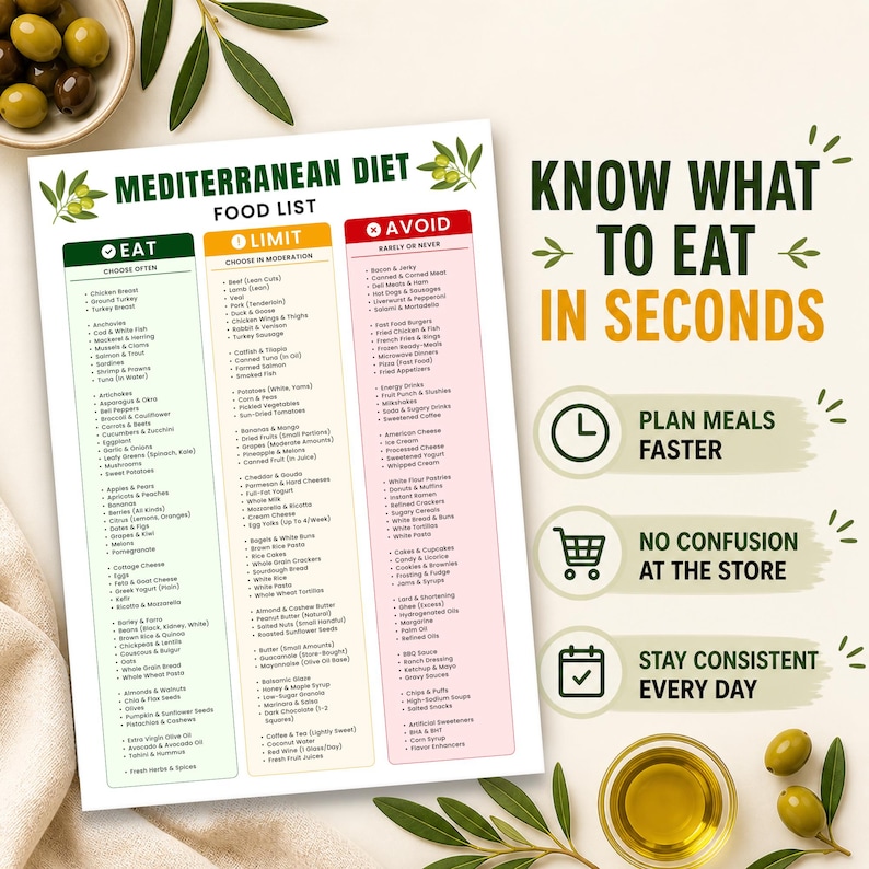 Mediterranean Diet Food List Printable | Meal Plan, Guide & Poster ...