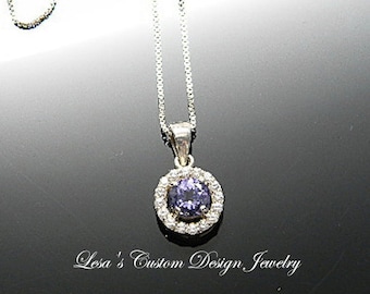 Diamond cut Tanzanite Cubic Zirconia Sterling Silver halo Pendant