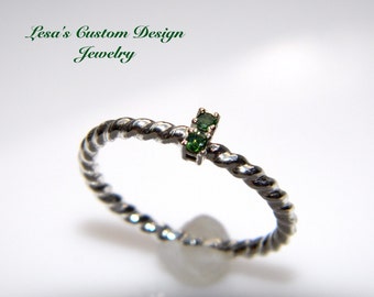 Green diamond twisted sterling silver stackable ring