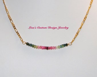 Watermelon Tourmaline Bead Bar Gold Filled Chain Necklace