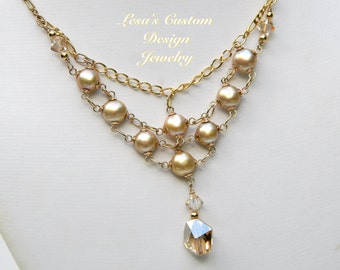 Champagne freshwater pearl Swarovski crystal gold filled necklace
