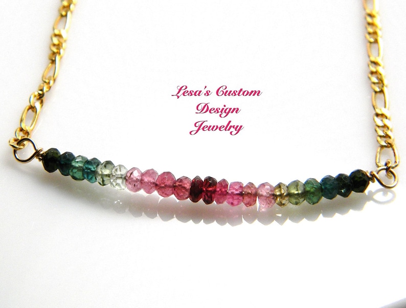 Watermelon Tourmaline Bead Bar Gold Filled Chain Necklace Etsy