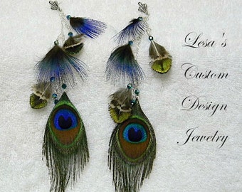 Long Peacock Feather Earrings with Sterling silver chain
