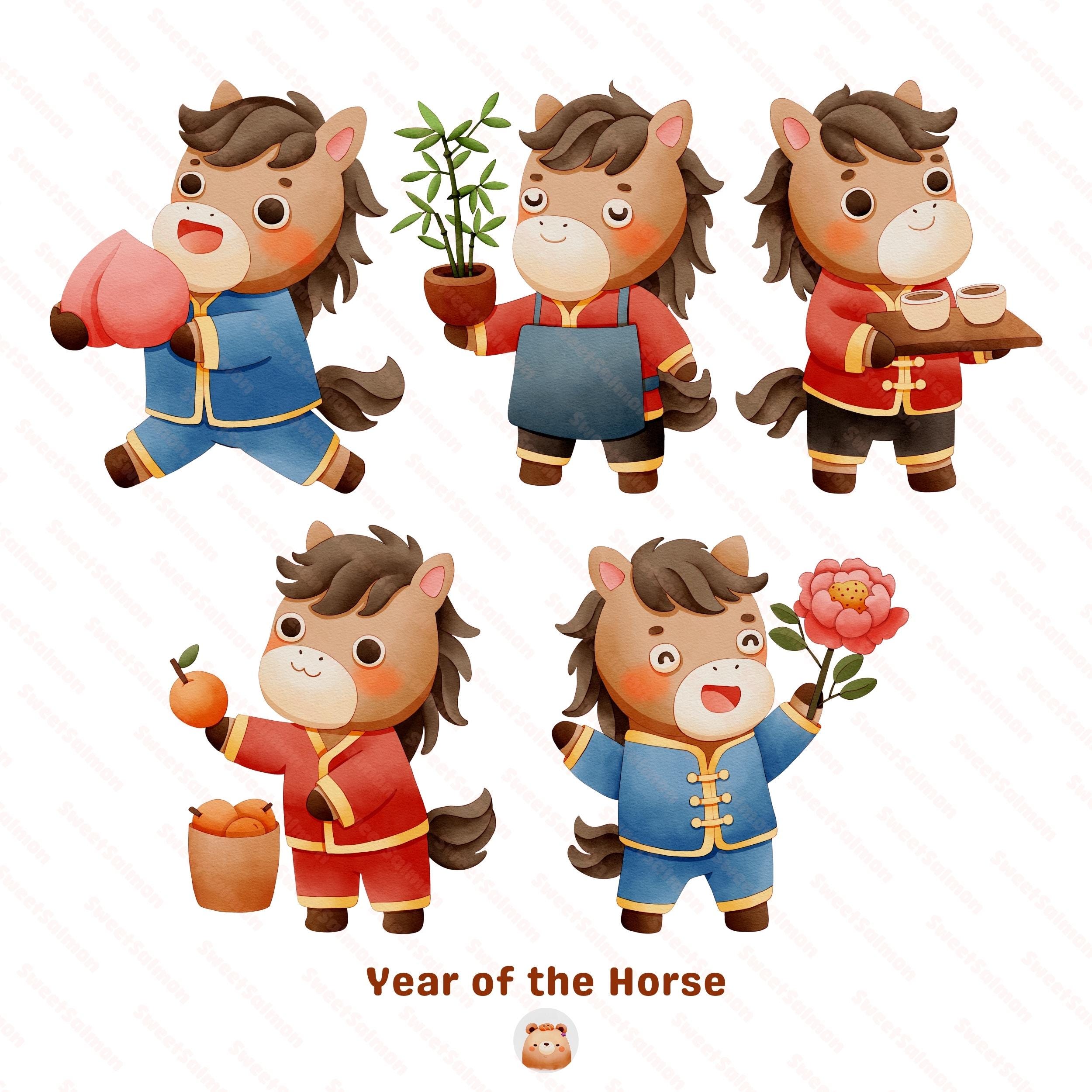 Year of the Horse Clipart, Chinese New Year Zodiac PNG Set, Watercolor ...