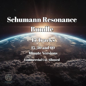 May include: A digital audio bundle titled Schumann Resonance Bundle featuring 15 tracks with 15, 30, and 60 minute versions and commercial use allowed. The background shows a view of Earth from space with a bright sun flare over the horizon.