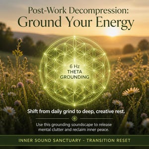 May include: A digital graphic featuring a glowing yellow flower of life symbol centered over a field of daisies at sunset. Text reads: Post-Work Decompression: Ground Your Energy, 6 Hz THETA GROUNDING, Shift from daily grind to deep, creative rest.